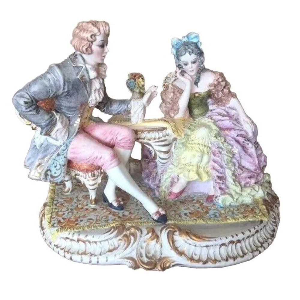 Capodimonte  Rococo Majolica Porcelain Figurine Lady And Gentleman Italy
